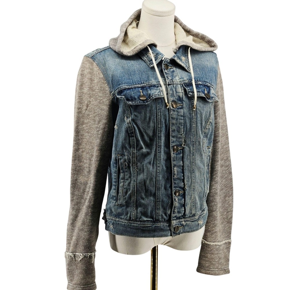 Free People Jacket Womens M Blue Denim Hooded Distressed Button Pockets